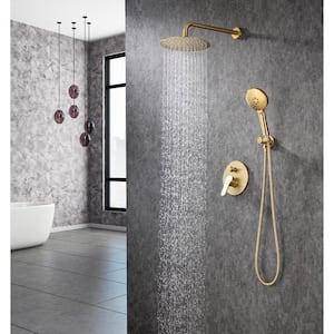 3-Spray Patterns with 2.5 GPM 10 in. Wall Mount Shower System Set Dual Shower Heads with Handheld Spray in Brushed Gold