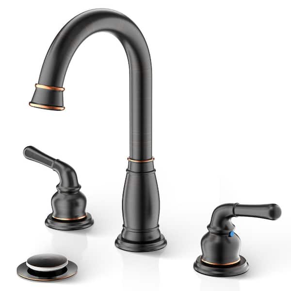 Phiestina Oil Rubbed Bronze 8 inch Widespread 2-Handle 3 Hole Bathroom Sink Faucet with Valve and Metal Pop-Up Drain Assembly