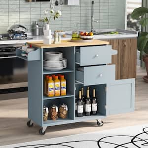 41.3 in. Grey Blue Rubber Wood Kitchen Cart on 4 Wheels with 2 Drawers and 3 Open Shelves Kitchen Island Dinning Room