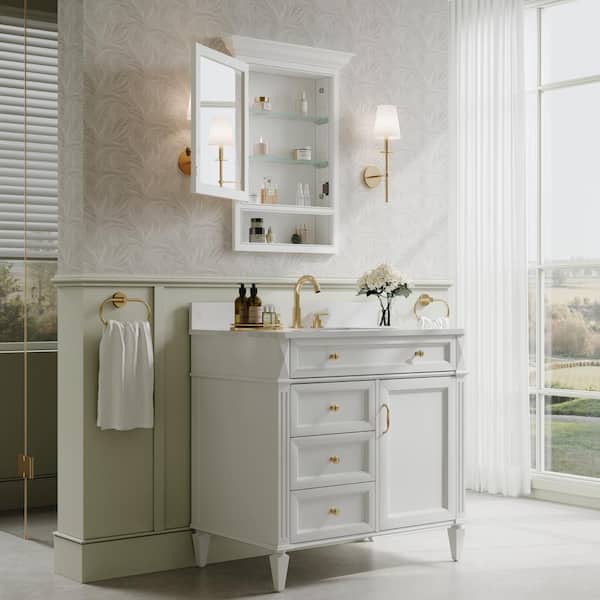 WELLFOR 24 in. W x 32 in. H Rectangular Recessed Solid Wood Bathroom Medicine Cabinet with Mirror, Bi-view Glass Magnetic Door