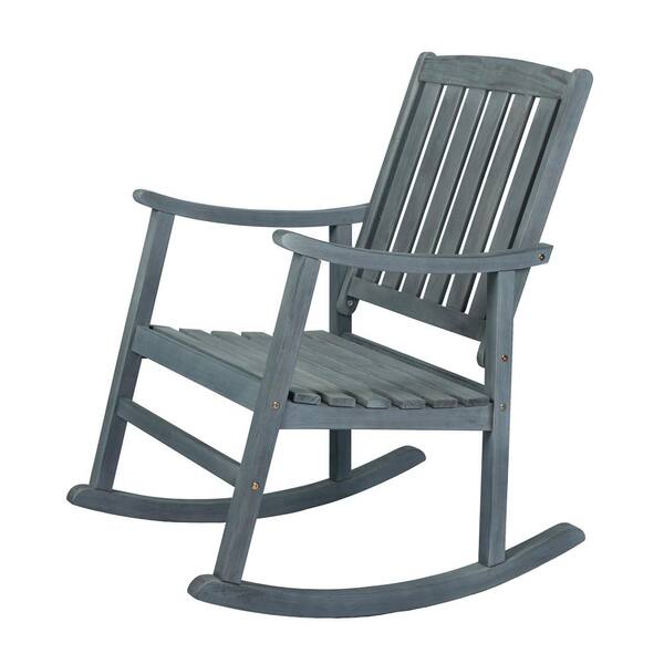JONATHAN Y Penny Classic Slat-Back 300 lbs. Support Acacia Wood Patio Outdoor Rocking Chair in Gray