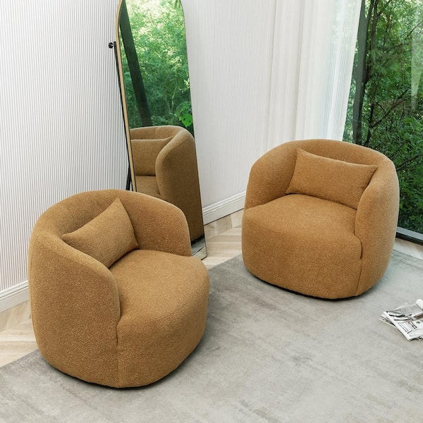 KINWELL Brown Boucle Polyester Upholstered Swivel Barrel Chair (Set of 2)