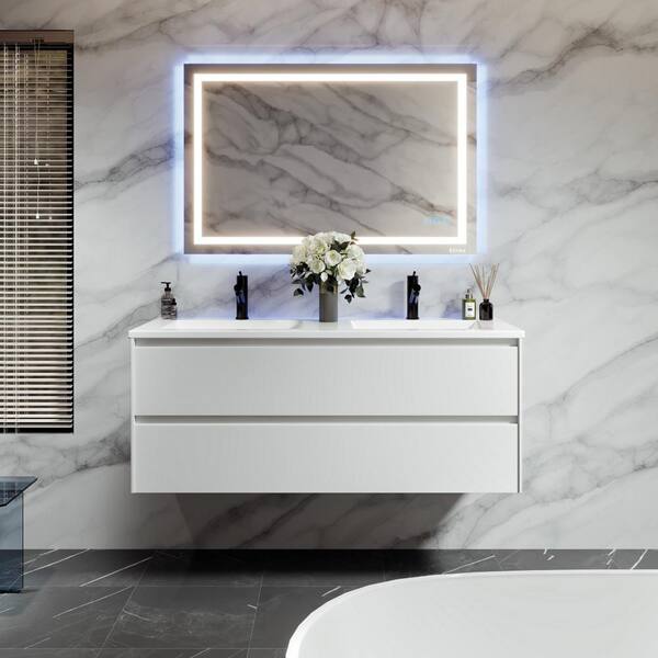Eviva Bloom 48 in. W x 18 in. D x 34 in. H Double Sink Floating Bath Vanity in Natural Oak with White Porcelain Top