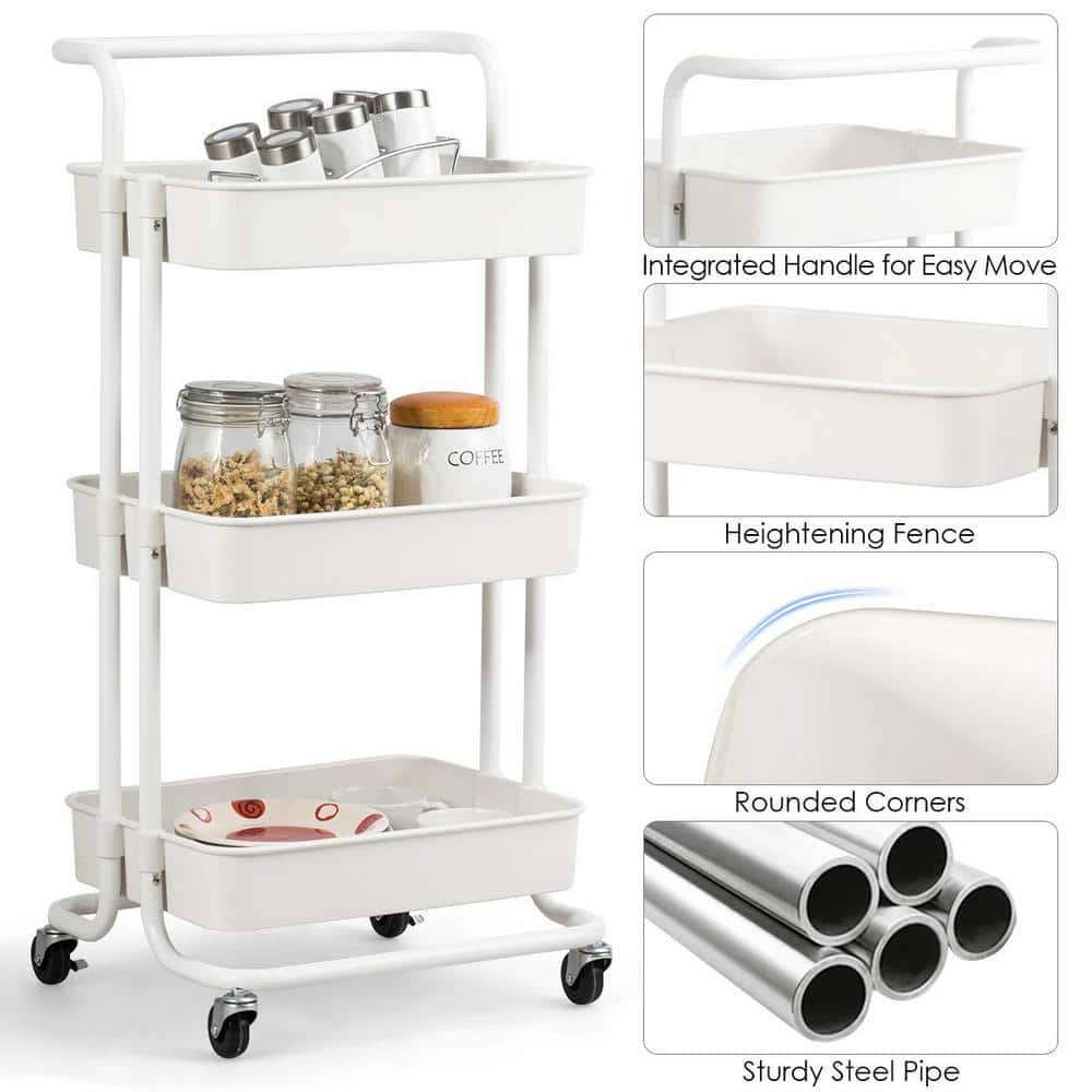 White 3-Tier Metal and ABS Rolling Utility Cart
