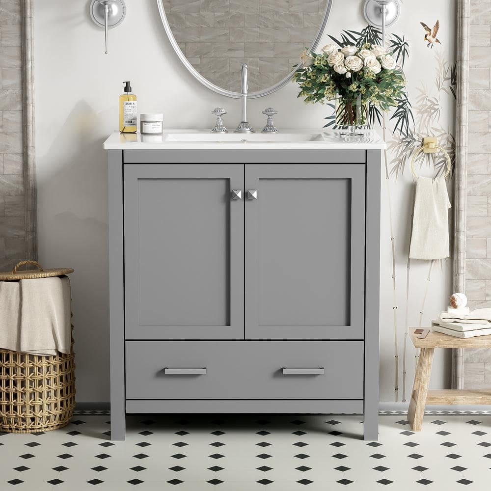 30 in. W x 18.3 in. D x 34 in. H Single Sink Freestanding Bath Vanity in Gray with White Ceramic Top price history on PriceWatchPro