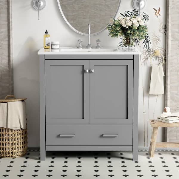 Qualler 30 in. W x 18.3 in. D x 34 in. H Single Sink Freestanding Bath Vanity in Gray with White Ceramic Top