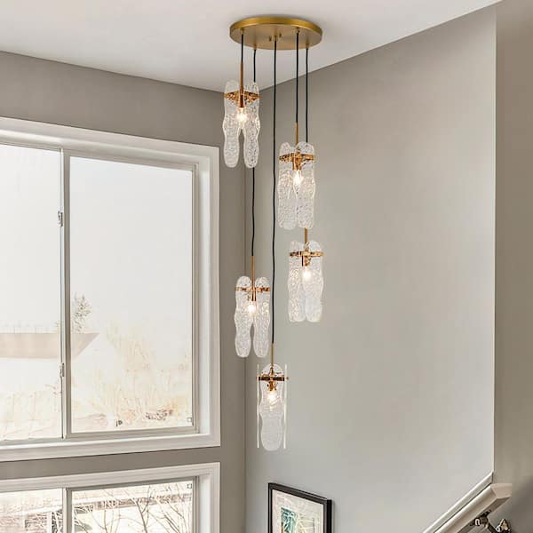 Hubbardston 5-Light Luxury Gold Chandelier Staircase Pendant Light with Forest Ice Glass