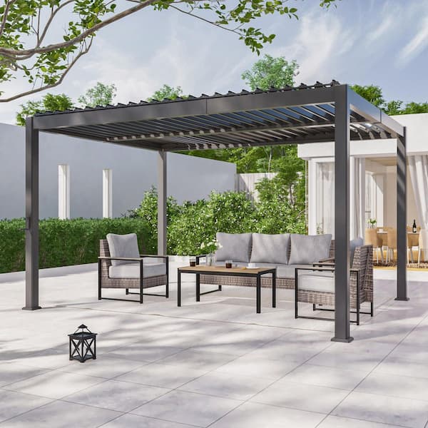 10 ft. x 13 ft. Modern All-Aluminum Pergola with Adjustable Louvered Roof, Grey