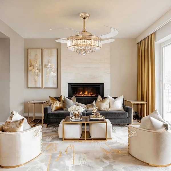 48 in. Modern Smart Indoor Gold Retractable Crystal Ceiling Fan with light and Remote, Chandelier Ceiling fan