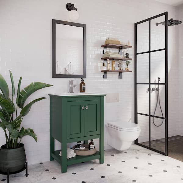 Manchester 24 in. Single Sink Shaker-Style Dark Green Bath Vanity with White Quartz Top and Integrated Sink