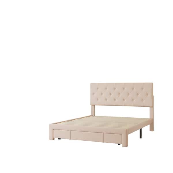 wetiny 60.2 in.W Beige Queen Size Velvet Wood Frame With A Big Drawer Platform Bed