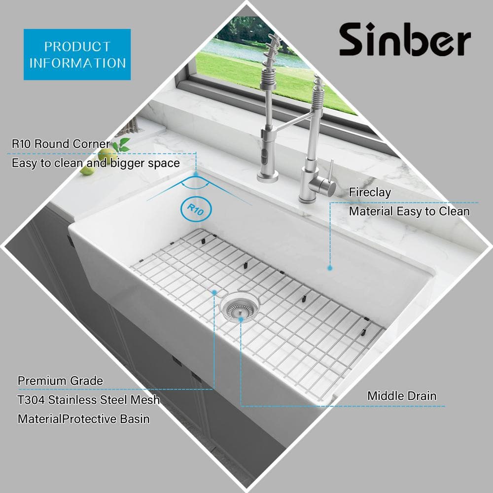 Sinber 36" White Fireclay Farmhouse Apron Single Bowl Kitchen Sink with Drainboard