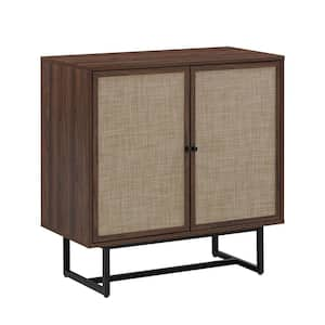 Kova Bohemian Walnut Sideboard Buffet 32 in. Rattan Accent Storage Cabinet with Doors and Matte Black Legs