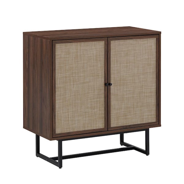 Nathan James Kova Bohemian Walnut Sideboard Buffet 32 in. Rattan Accent Storage Cabinet with Doors and Matte Black Legs