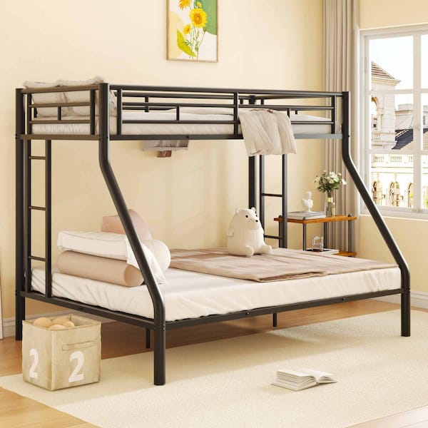 Polibi Black Twin XL Over Queen Metal Bunk Bed with Ladder and Guardrails