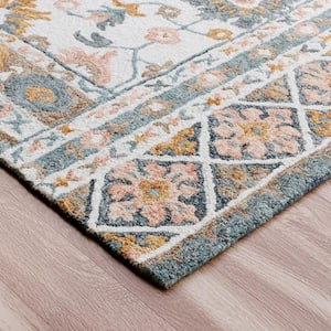 Hillah Traditional Blue/Blush 7 ft. 9 in. x 9 ft. 9 in. Floral Filigree Organic Wool Indoor Area Rug