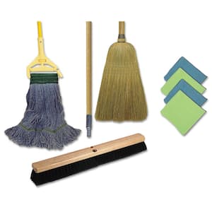 Cleaning Kit, 1 Mop, 2 Handles, 1 Push Broom, 1 Maids Broom, 4 Microfiber Wipes, Wet Mop Pad Refills