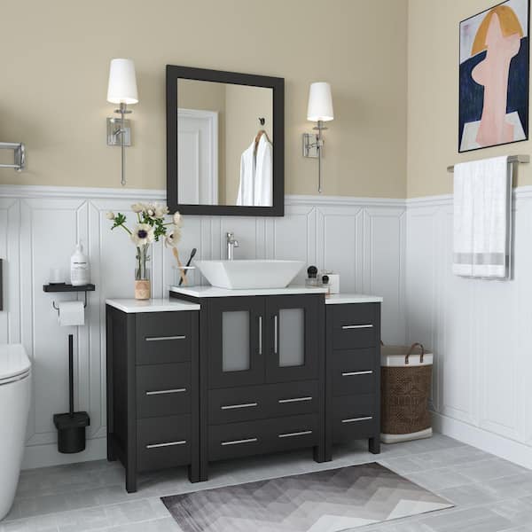 Ravenna 48 in. W Bathroom Vanity in Espresso with Single Basin in White Engineered Marble Top and Mirror