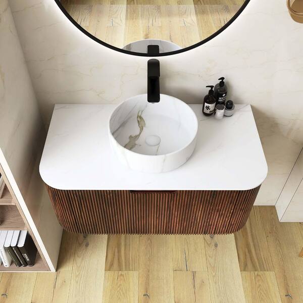 Yingze 36 in. Wall Mounted Single Sink Dark Walnut Bath Vanity