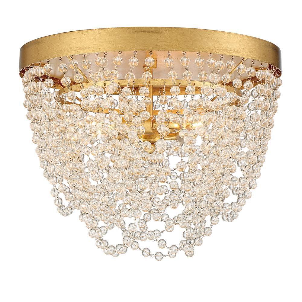 Antique Gold and Clear Glass Beaded 3-Light Flush Mount
