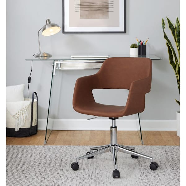 Lumisource Margarite Faux Leather Adjustable Height Task Chair in Brown Faux Leather and Chrome Metal with 5-Star Caster Base