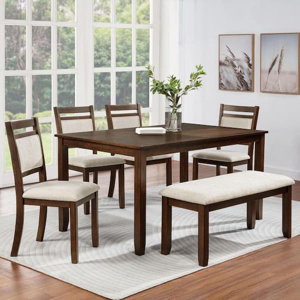 Jaxon Traditional 6-Piece Rectangular Brown Wooden Top Dining Set Seats 4 with Upholstered Side Chairs, Bench