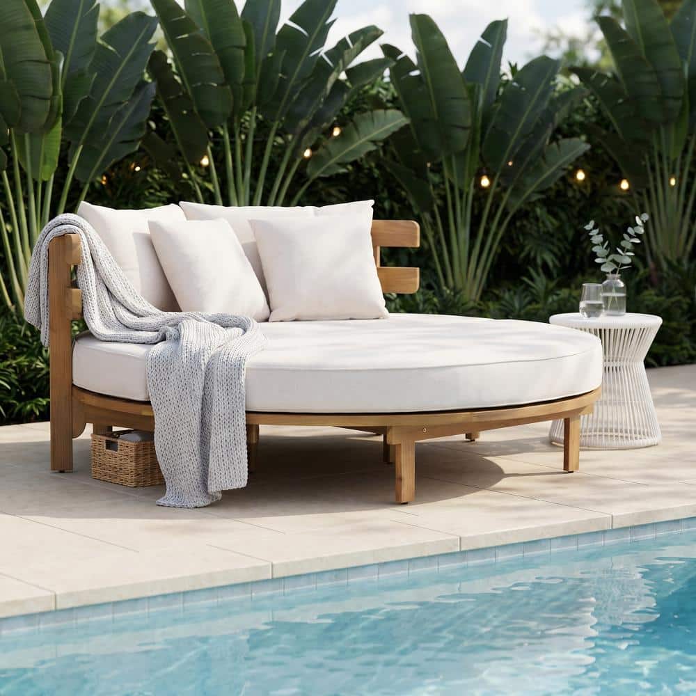 Wood Outdoor Day Bed with Beige Cushions, Curved Slatted Backrest and 4 Pillows price history on PriceWatchPro