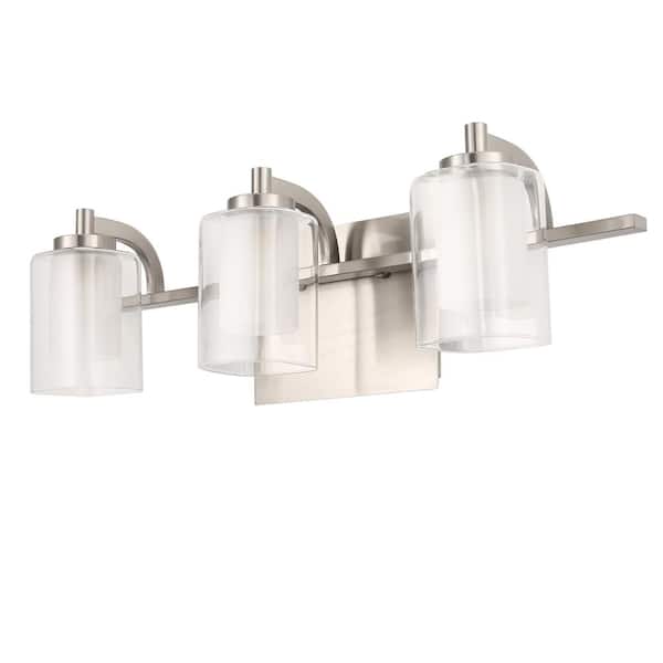 21 in. 3-Light Brushed Nickel Vanity Light for Bathroom with Clear and Frosted Glass Shades Bathroom Wall Sconce