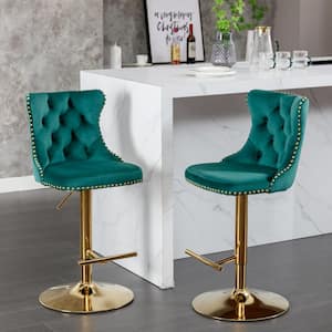 33 in. Green High Back Metal Barstools with Swivel Velvet Adjustable Seat Height 2 Sets included