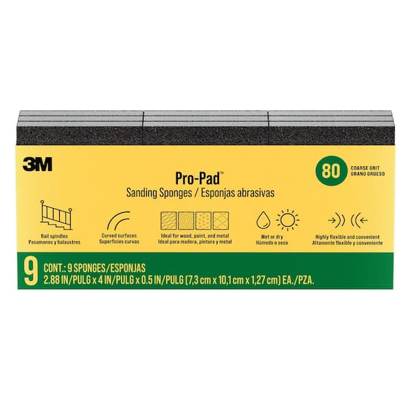 3M Pro-Pad Sanding Sponge 2.88 in. x 4 in. x .5 in. Coarse, 80 Grit (9-Pack)