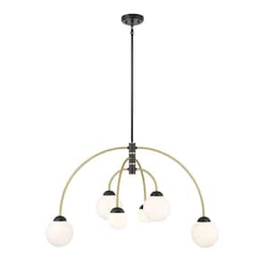 6-Light Matte Black with Natural Brass Chandelier with White Glass Shades
