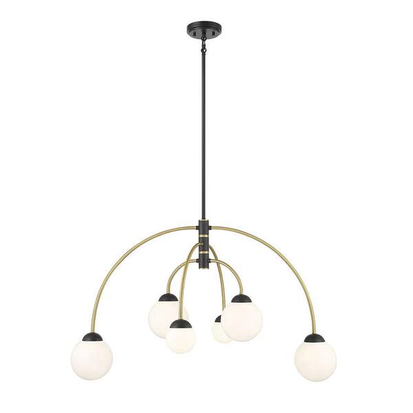 TUXEDO PARK LIGHTING 6-Light Matte Black with Natural Brass Chandelier with White Glass Shades