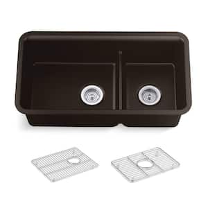 Cairn Matte Brown Solid Surface 33 .5 in. Double Bowl Undermount Kitchen Sink