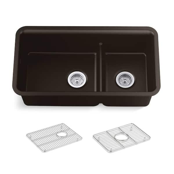 Cairn Matte Brown Granite Composite 33 .5 in. Double Bowl Undermount Kitchen Sink