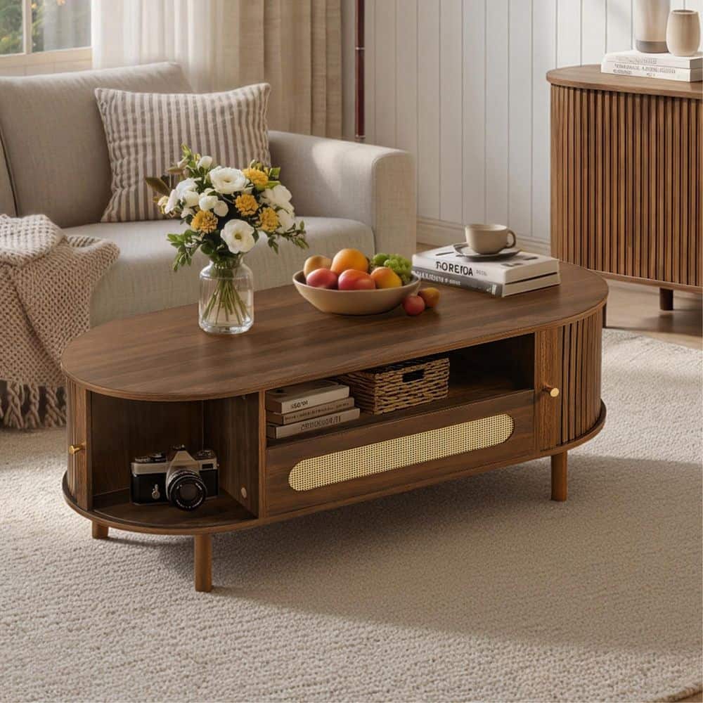 Rumi Walnut Oval Coffee Table with Open Storage, Fluted Sliding Doors, Rattan Drawer, Solid Wood Legs price history on PriceWatchPro