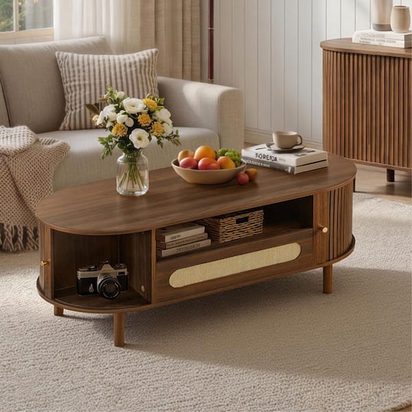 Rumi 47.2 in. Walnut Rectangle Coffee Table with Open Storage, Fluted Sliding Doors, Rattan Drawer, Solid Wood Legs