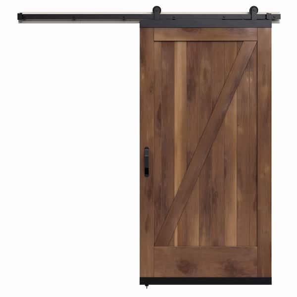 JELD-WEN 42 in. x 80 in. Karona Z Design Clear Rustic Walnut Stained Wood Sliding Barn Door with Hardware Kit