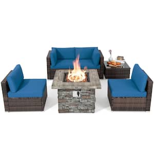 6 -Piece Wicker Patio Conversation Set 34.5 in. Fire Pit Table with Cover Navy Cushions