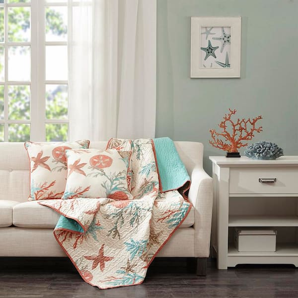 Madison Park Pacific Grove Coral Beach and Nautical Cotton 50 x 70 in. Oversized Quilted Throw