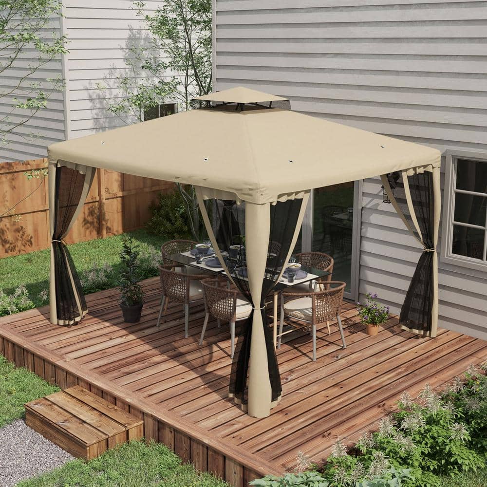 Taupe 10x12 Patio Gazebo with 2-Tier Roof and Netting