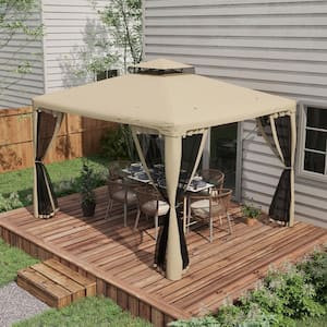 9.6 ft. x 11.6 ft. Patio Gazebo, Outdoor Canopy Shelter with 2-Tier Roof and Netting, Steel Frame for Garden, Taupe