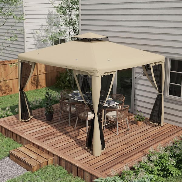 9.6 ft. x 11.6 ft. Patio Gazebo, Outdoor Canopy Shelter with 2-Tier Roof and Netting, Steel Frame for Garden, Taupe