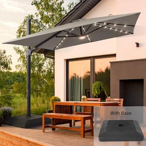 10 ft. x 10 ft. Solar LED Patio Cantilever Umbrella with a Base, Aluminum Outdoor Offset Rotation w/Solar Lights, Gray