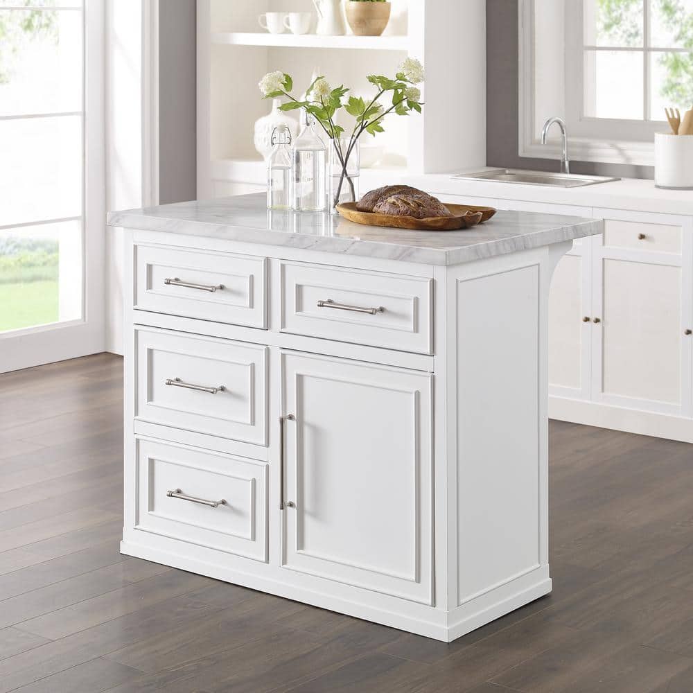 Cutler White Faux Marble Top Kitchen Island with Storage