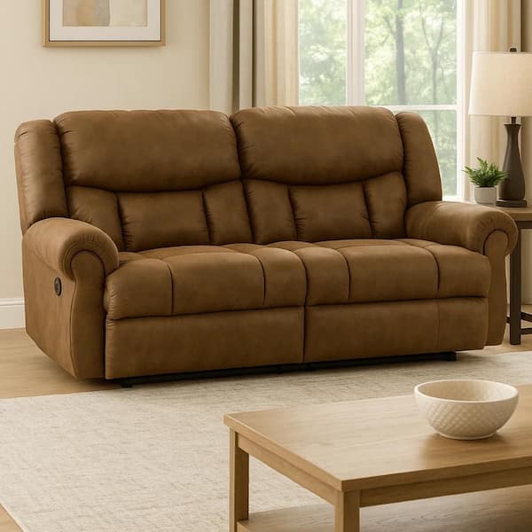 42 in. Round Arm Faux Leather Rectangle Dual Seat Power Recliner Sofa in Brown