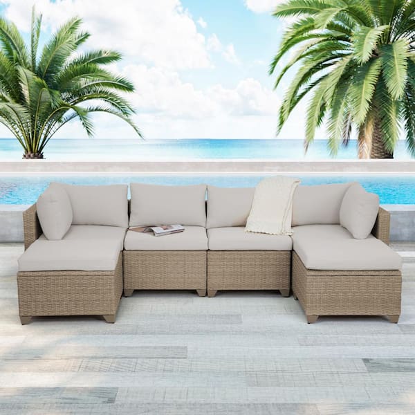 TK CLASSICS Maui 6-Piece Wicker Patio Conversation Set with Hazel Cushions