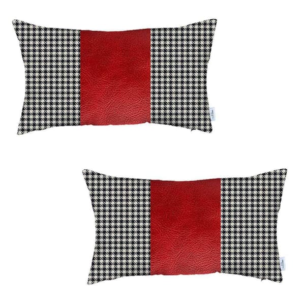 MIKE & Co. NEW YORK Bohemian Handmade Vegan Faux Leather Black and Red 12  in. x 20 in. Lumbar Houndstooth Throw Pillow 50-957-02-3 - The Home Depot