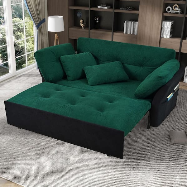 ARTISC 74 in. Emerald Green Chenille 3-in-1 Queen Sleeper Sofa Bed with Adjustable Armrests and Side Storage