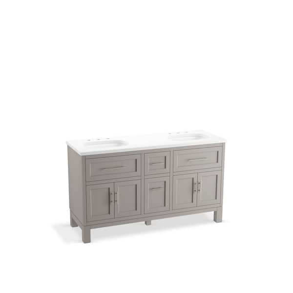 Quo 61in. Double Sink Freestanding Mohair Grey Bath Vanity with White Quartz Top Assembled