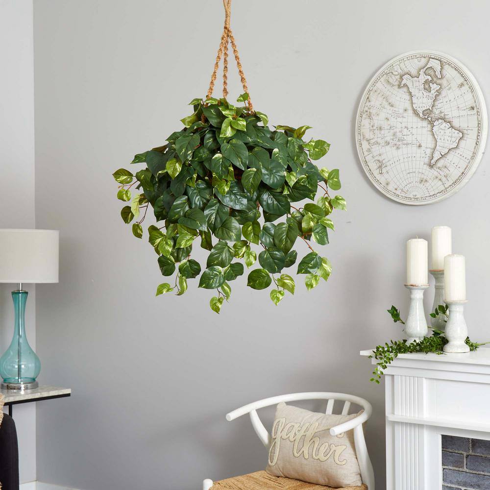 Lifelike Pothos Hanging Basket with Silk Leaves